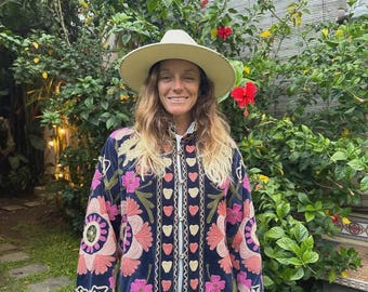 Blue Velvet Suzani Embroidered Jacket: Indian Kantha Quilted Coat