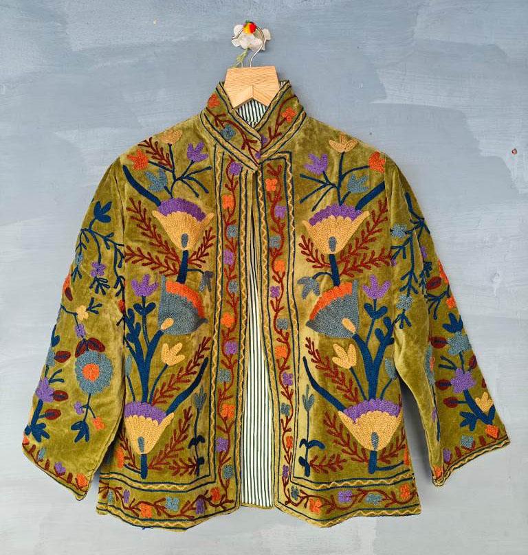 Hand Embroidered Suzani Velvet Jacket: Indian Kimono Robe
