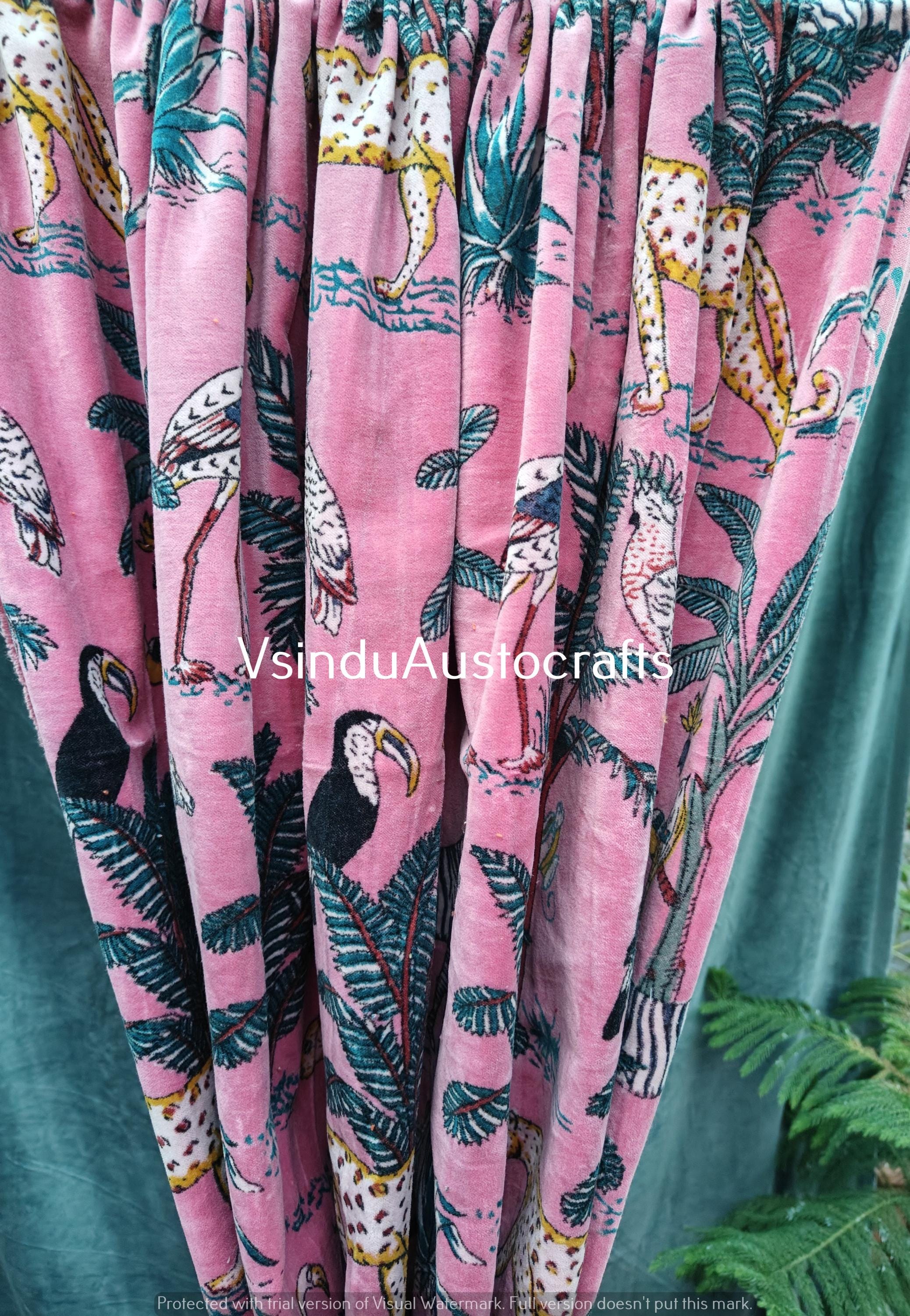 Indian Cotton Velvet Curtain, Curtain, Boho Curtain, Luxury Drapes, Housewarming Gift Colourful Decor Handmade Pink Jungle Print