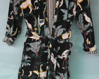 Handmade Jungle Print Velvet Kimono Robe: Cotton Velvet Coat