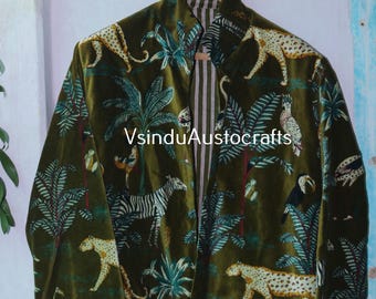 Jungle Print Velvet Quilted Jacket: Reversible Boho Coat