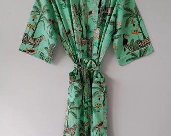 Cotton Kimono Robes Dressing Gown,Block Print Bridesmaid, Summer Nightwear, One Size