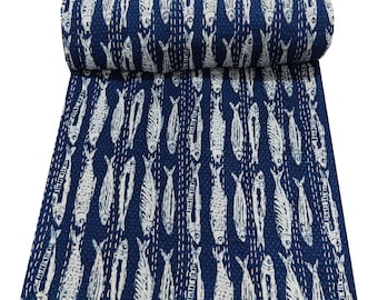 Fish Print Kantha Quilt: Blue Block Print Cotton Bedspread
