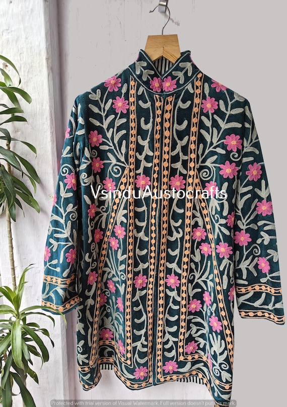 Hand Embroidered Suzani Velvet Jacket: Quilted Boho Kimono Coat