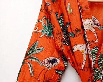 Orange Jungle Cotton Kimono Robe - Frida Print, Beach Cover Up