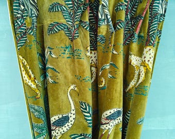 Indian Cotton Velvet Blackout Curtain Lining Boho Curtain, Luxury Drapes, Housewarming Gift Colourful Decor Handmade Green Jungle Print