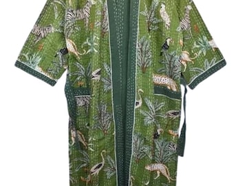Handmade Kantha Quilted Kimono Robe: Floral Green Jungle Print