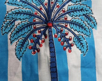 Tela de algodón estampada a mano: Estampado de palmeras turquesas
