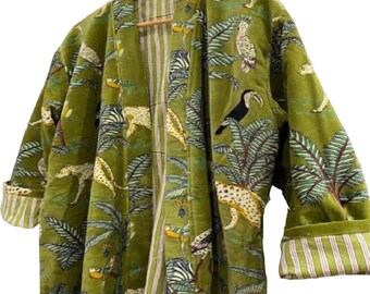 Green Jungle Print Velvet Kimono Robe: Cotton Velvet Coat