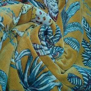 Indian Soft Luxury Velvet Floral Print Fabric Upholstery Dressmaking Sewing Fabric, Cotton Velvet Sewing Soft Fabric Mustard Colour