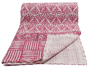 Floral Print Kantha Quilt: Hand Stitched Indian Cotton Bedspread (108'' x 90'')