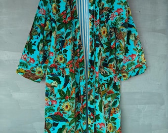 Handmade Cotton Velvet Kimono Robe: Green Jungle Flora Print