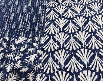 Blue Indigo Kantha Quilt: Hand Stitched Patchwork Cotton Bedspread (108x90 Inches)