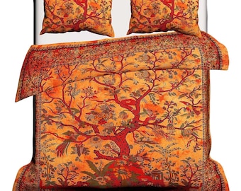 Indian Tree of Life Cotton Duvet Cover Set: Bohemian Mandala Bedding