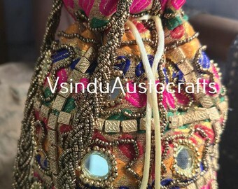Indian Multi Work Silk Potli Bag: Mirror Beaded Handbag, Wedding Favor