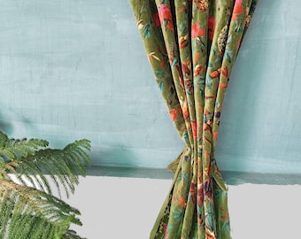 Indian Cotton Velvet Curtain, Curtain, Boho Curtain, Luxury Drapes, Housewarming Gift Colourful Decor Handmade Green Birds & Floral Print