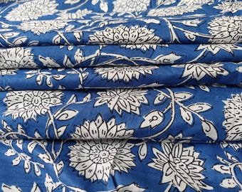 Tela de algodón floral india: tela azul estampada a mano, material para confección