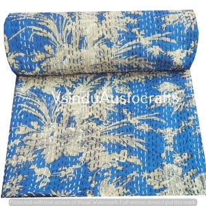 Hand Block Print Cotton Kantha Quilt, Black Floral Twin Queen King Size Bedding Blue