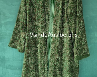 Indian Floral Print Velvet Kimono Robe: Handmade Cotton Velvet Jacket