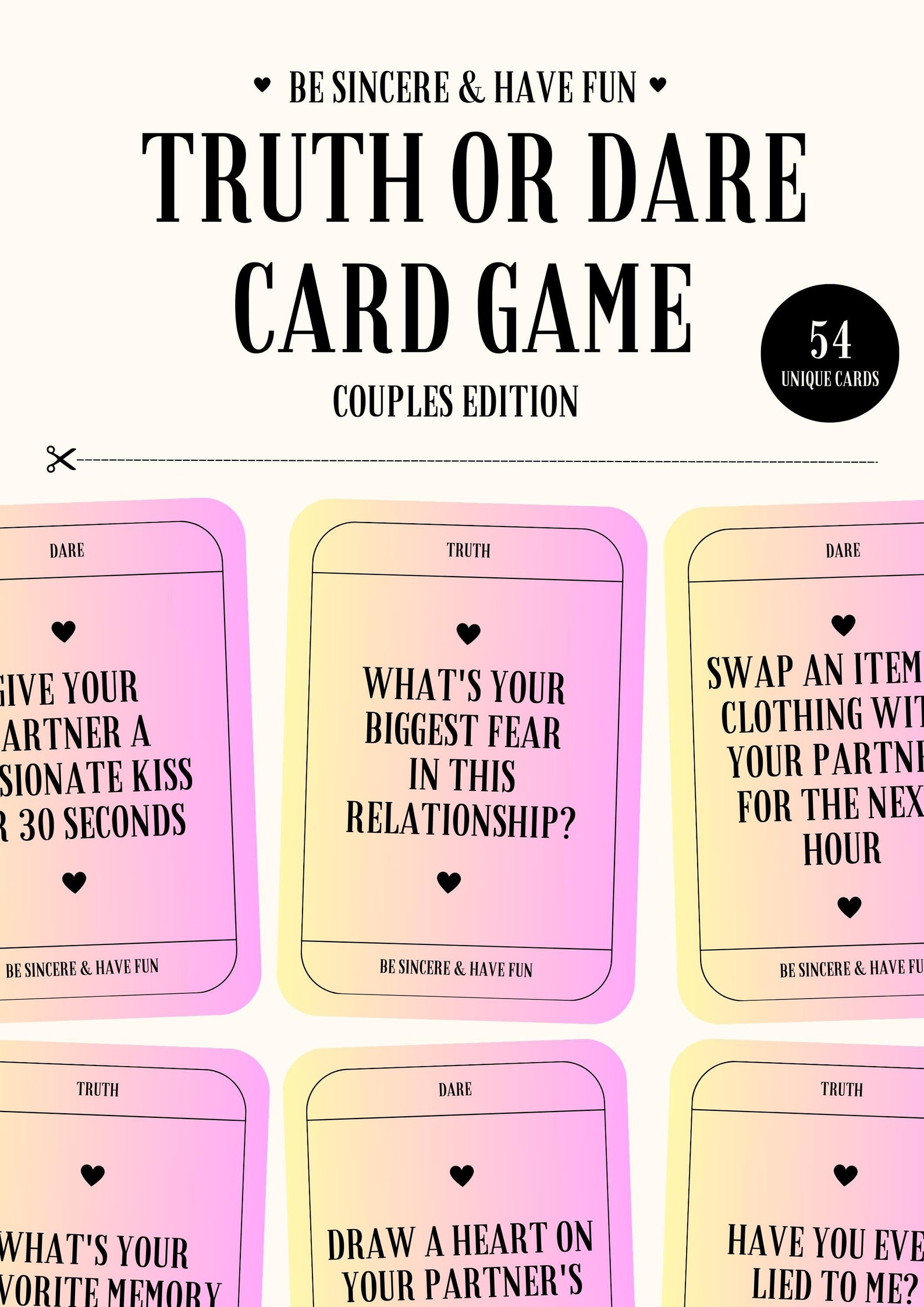 Couples Truth or Dare Game, Couple Game, Printable Conversation Starter ...