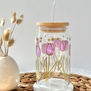 Tulip Glass Can Floral Glass Can, Custom Beer Can Iced Coffee Glass Cup with Lid and Straw, Floral Glass Tumbler, 16oz Glass Can Coffee Cup