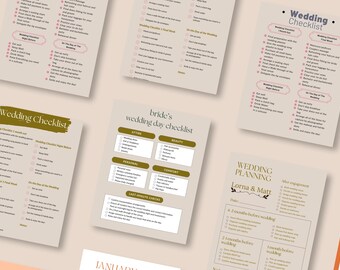 Könnte beinhalten: Eine Hochzeits-Checkliste mit beigefarbenem Hintergrund und goldenen Akzenten. Die Checkliste umfasst Abschnitte für Kleidung, Schönheit, Persönliches, Komfort und letzte Minuten-Kontrollen. Die Checkliste trägt den Titel "Braut-Checkliste für den Hochzeitstag".