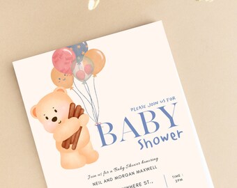 Editable Gender Neutral Bear Baby Shower Invitation, We Can Bearly Wait Baby Shower Invite, Brown Boho Bear Baby Shower