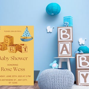 Invitation modifiable de baby shower de carte jaune | Modèle personnalisable | Téléchargement numérique | Faire-part de baby shower lumineux et joyeux