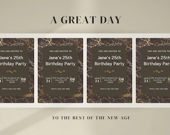 Editable Birthday Invitation | Brown Background with Gold Accents & White Text | Customizable Digital Template | Elegant Party Invite