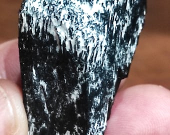 May include: A black and white rock with a rough, textured surface. The rock has a jagged, irregular shape.