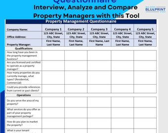 May include: A blue and white Property Management Questionnaire template. The document is designed to interview, analyze, and compare property managers. It includes sections for company information, qualifications, and operations, with space for detailed responses. The document is available for instant download.