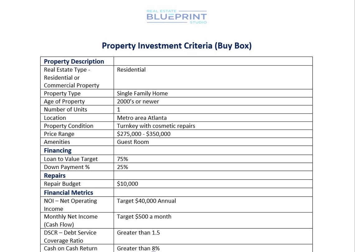 Real Estate Investment Criteria (buy Box) Worksheet L Microsoft Word ...