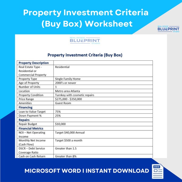 Real Estate Investment Criteria (Buy Box) Worksheet l Microsoft Word Document l Real Estate Template l Property Purchase Template