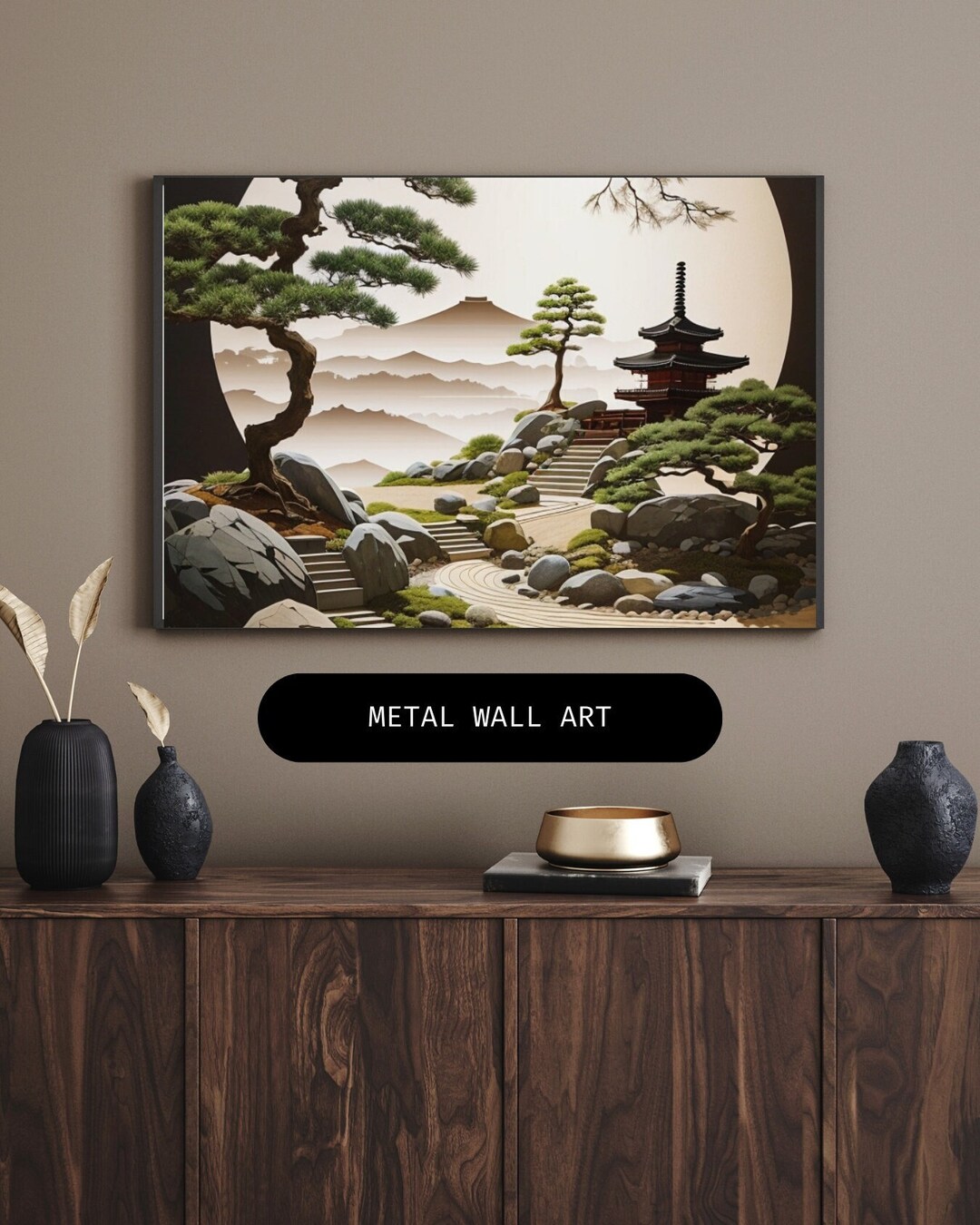 Zen Garden Serenity Japanese Metal Wall Art Tranquil Bonsai, Cherry