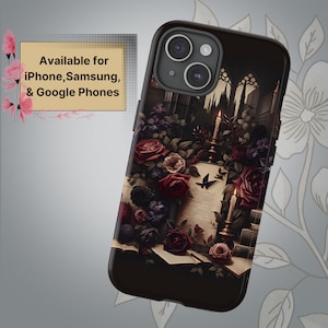 Whimsical Dark Floral Academia Tough Phone Case,Vintage Gothic Library,Samsung Galaxy,Google Pixel,iPhone Case 13,14,15,ProMax,Pro Max,Mini