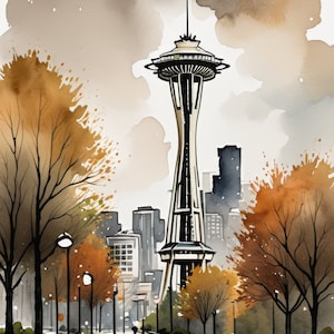 Space Needle Watercolor Painting | Downloadable JPEG Wall Art Print