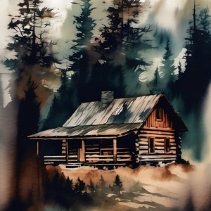 Watercolor Log Cabin Painting 1 | Downloadable JPEG Wall Art Print