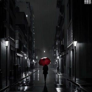 Noir Rainy City Art Print: Girl with Red Umbrella (Downloadable JPEG)