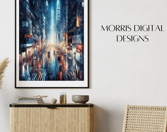 Neon Rain Cityscape Print | Modern Abstract Urban Painting (Digital Download)