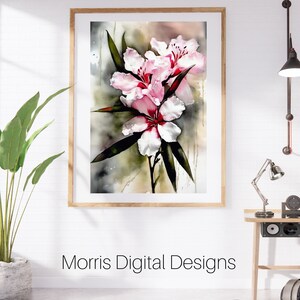 Acuarela de adelfa rosa / Arte botánico para pared (Descarga digital)