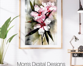 Rosa oleander akvarellmålning | Botanisk väggkonst (digital nedladdning)