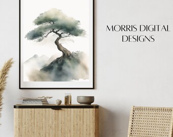 Minimalist Japandi Bonsai Tree Watercolor Painting  | Zen Wall Art | Japanese Style Landscape (Digital Download)