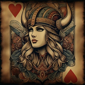 Carta de juego de la Reina de Corazones Vikinga envejecida 2 / Impresión de arte mural JPEG descargable / Regalo para ella