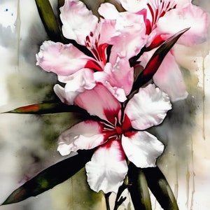 Różowy Oleander Akwarela Malarstwo 1 | Kwiatowa Sztuka Ścienna | Pobieralny JPEG Wall Art Print