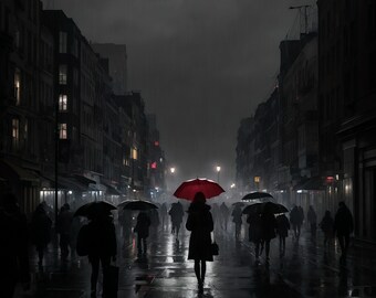 Noir Rainy City Art Print: Girl with Red Umbrella (Digital Download)