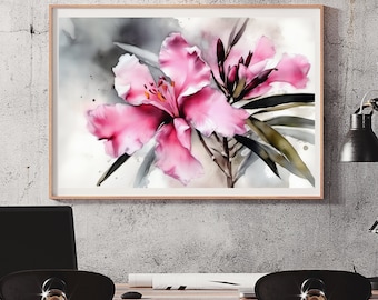Rosa oleander akvarellmålning | Blommig väggkonsttryck (digital nedladdning)