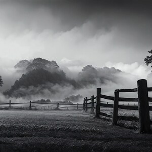 Farmhouse Fence Post Print: Foggy Morning Landscape (Downloadable JPEG)