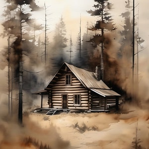 Watercolor Log Cabin Painting 4 | Downloadable JPEG Wall Art Print