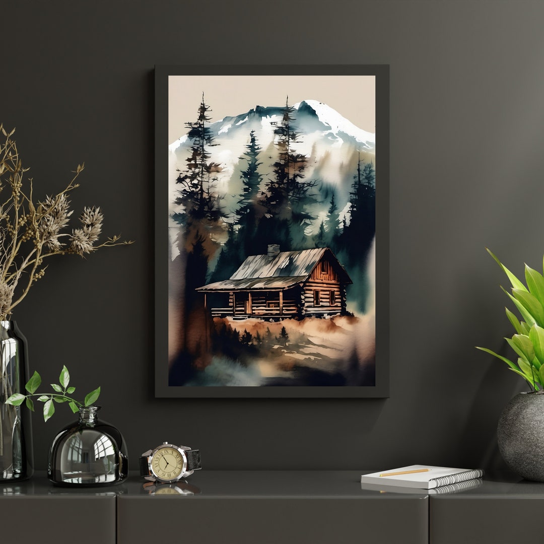 Rustic Cabin Watercolor Painting | Mountain Forest Nature Wall Art ...