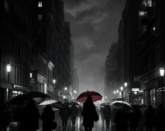 Noir Rainy City Art Print: Girl with Umbrella (Digital Download)